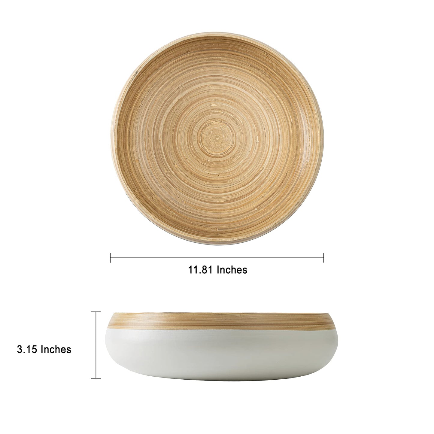 Kiwi Homie 11.81" Spun Bamboo Fruit Bowl, Bamboo Salad Bowl, Modern Large Serving Bowl, Decorative Bowl for Kitchen, Party, BBQs, Natural Handicrafted Bamboo Bowl (White)
