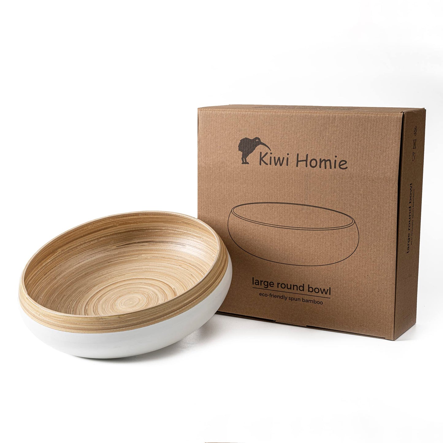 Kiwi Homie 11.81" Spun Bamboo Fruit Bowl, Bamboo Salad Bowl, Modern Large Serving Bowl, Decorative Bowl for Kitchen, Party, BBQs, Natural Handicrafted Bamboo Bowl (White)